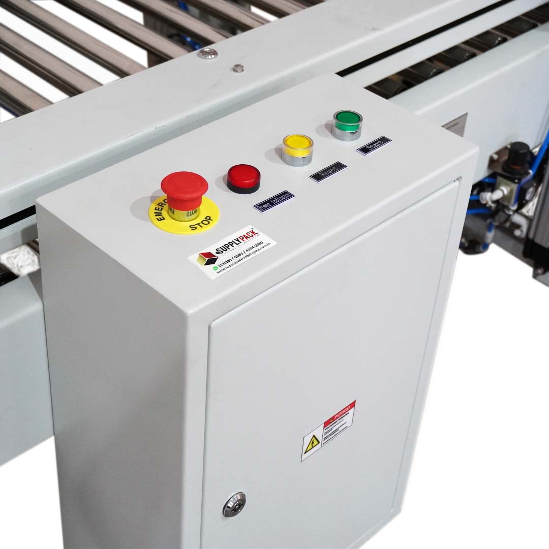 Seladora SXJ-6050AC — painel de comando com botão de emergência e controles de operação