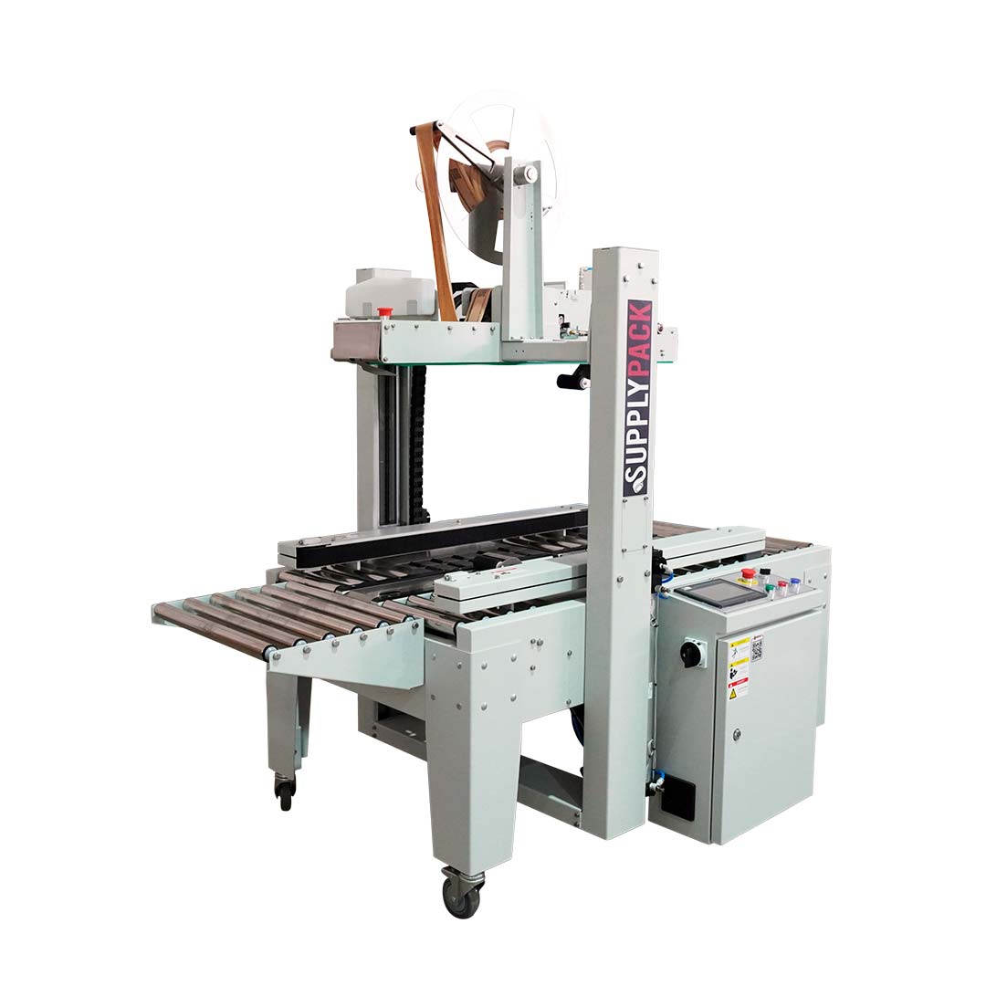 Seladora Eco Kraft 9002 — vista em perspectiva com bobina de fita gomada